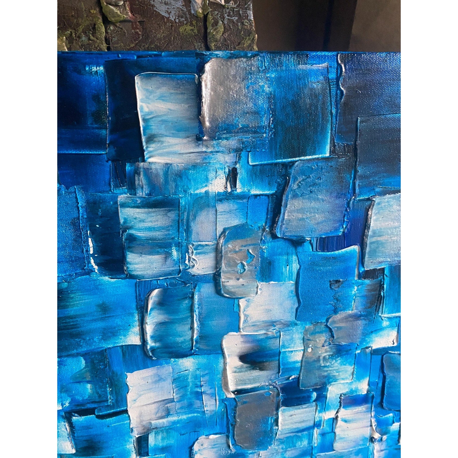 ORIGINAL Black Blue tonal large abstract painting Textured Squares Geometric Palette knife Art 48"x24" - by Susanna Shap