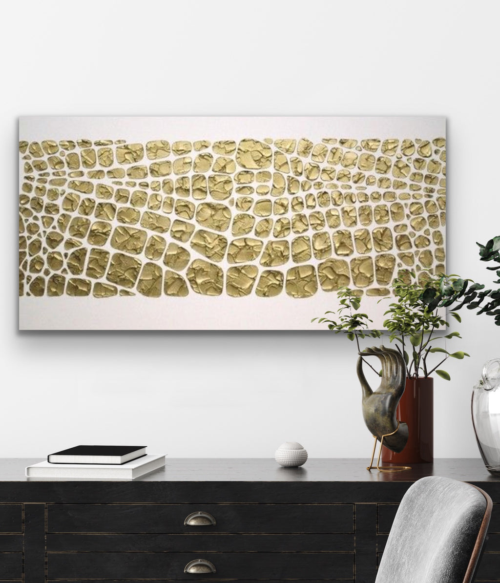 Original white and gold Textured Large Abstract Art MADE2ORDER Mosaic Painting (48”x24”)