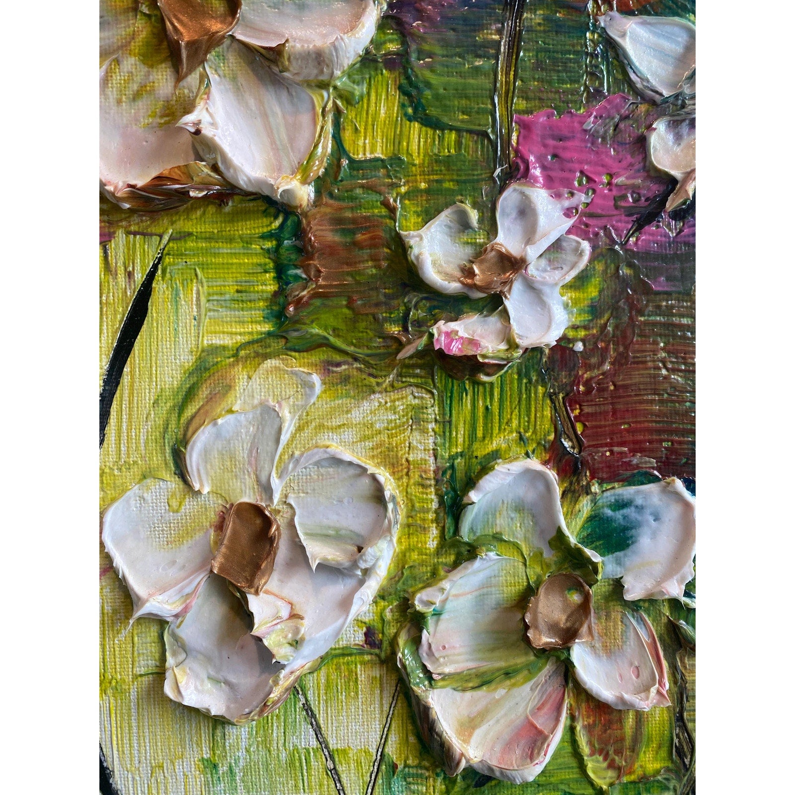 Original Abstract textured white flowers art, multicolored Palette Knife Impasto Painting: 18"x24" by Susanna Shap