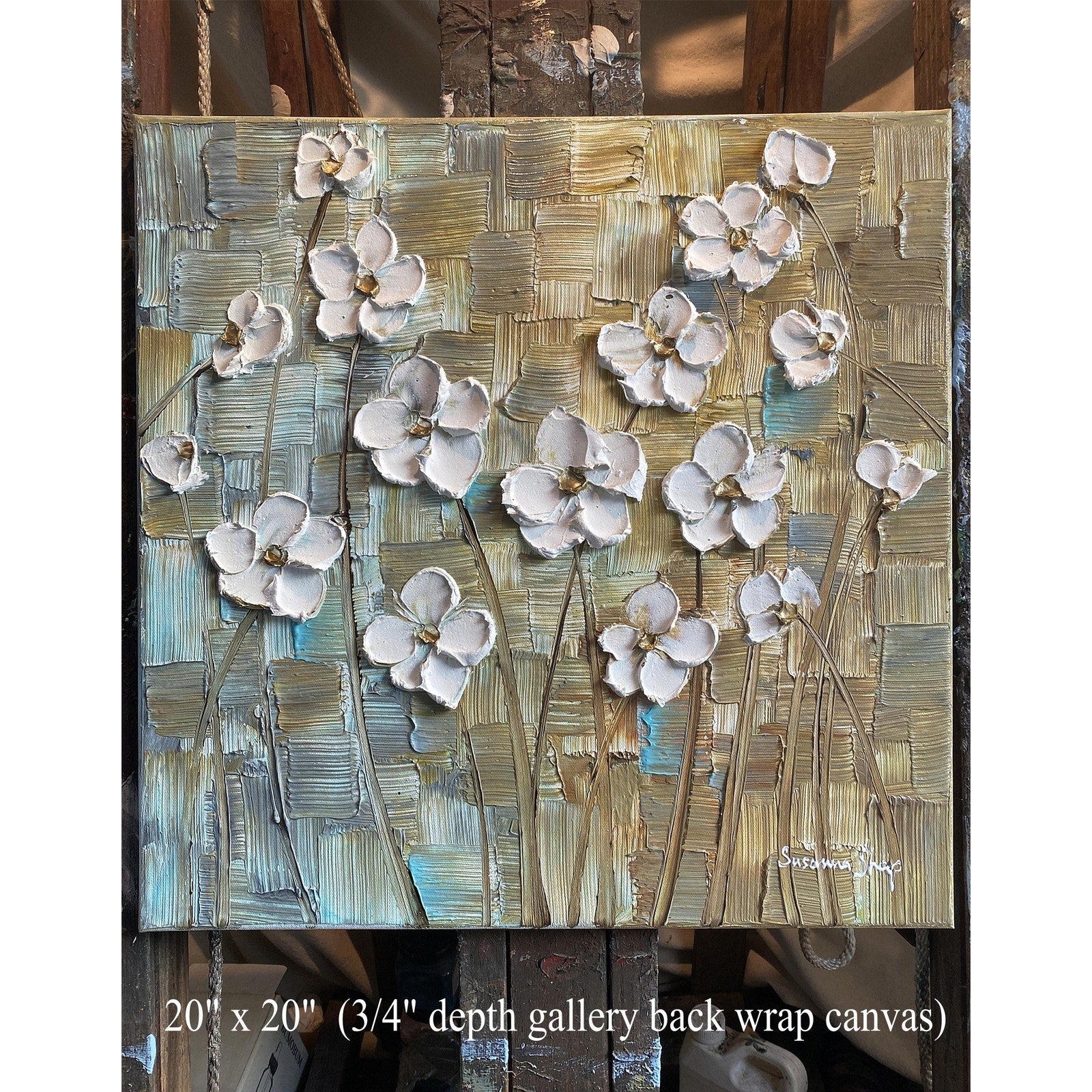 Original Abstract White Textured Flowers Impasto Painting: Palette Knife Fine Art (20"x20")