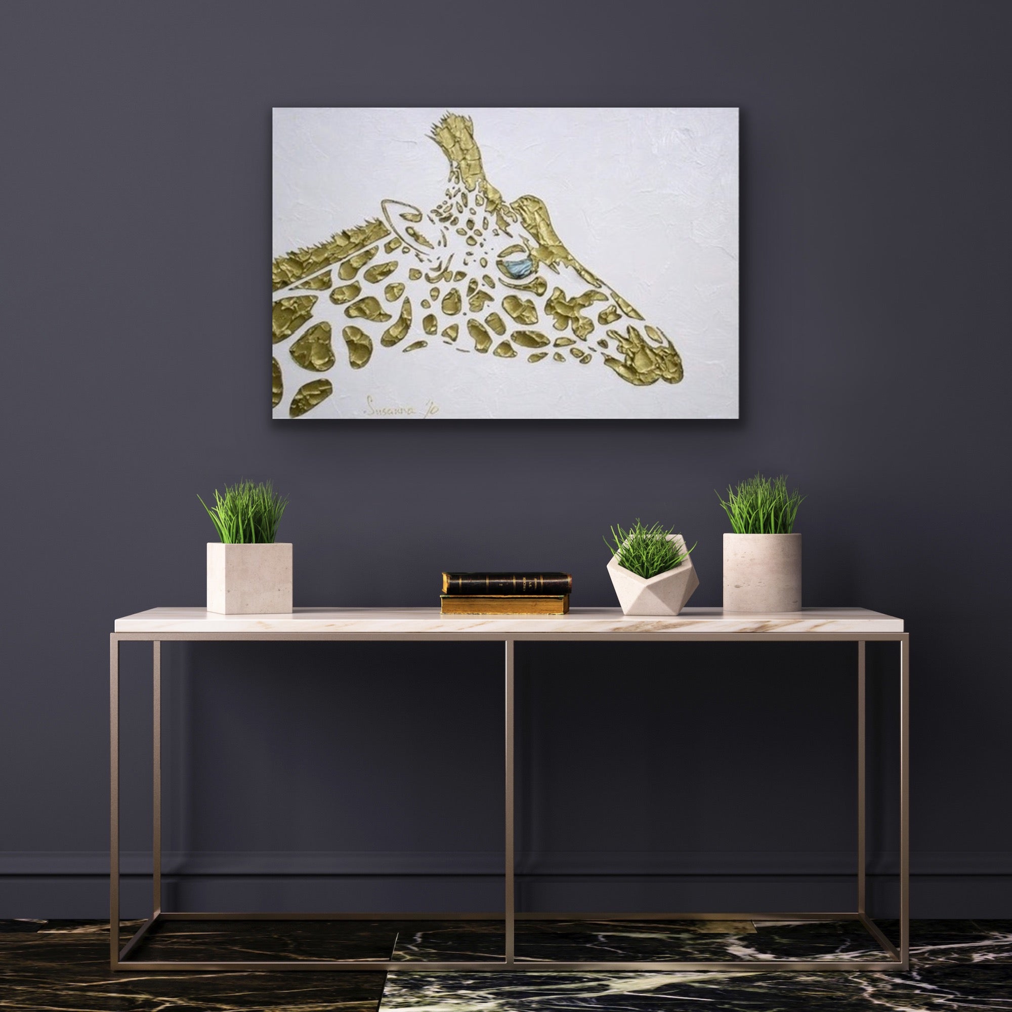 Abstract Original Giraffe Painting, Gold On White, palette knife impasto, 24”x36” MADE2ORDER