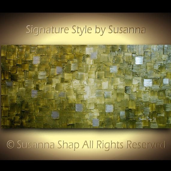 Olive green with silver accents, modern abstract squares geometric palette knife impasto textured painting in canvas, made to order by susanna shap