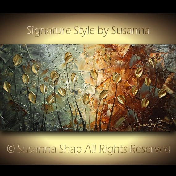 Original Gold Tulips Abstract Landscape No.2 Earth tones Grey Brown Impasto Textured painting palette knife art by susanna shap (MADE2ORDER)