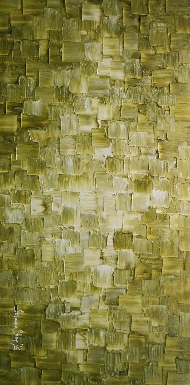 Olive green modern abstract squares geometric palette knife impasto textured painting in canvas, made to order by susanna shap, vertical hanging view
