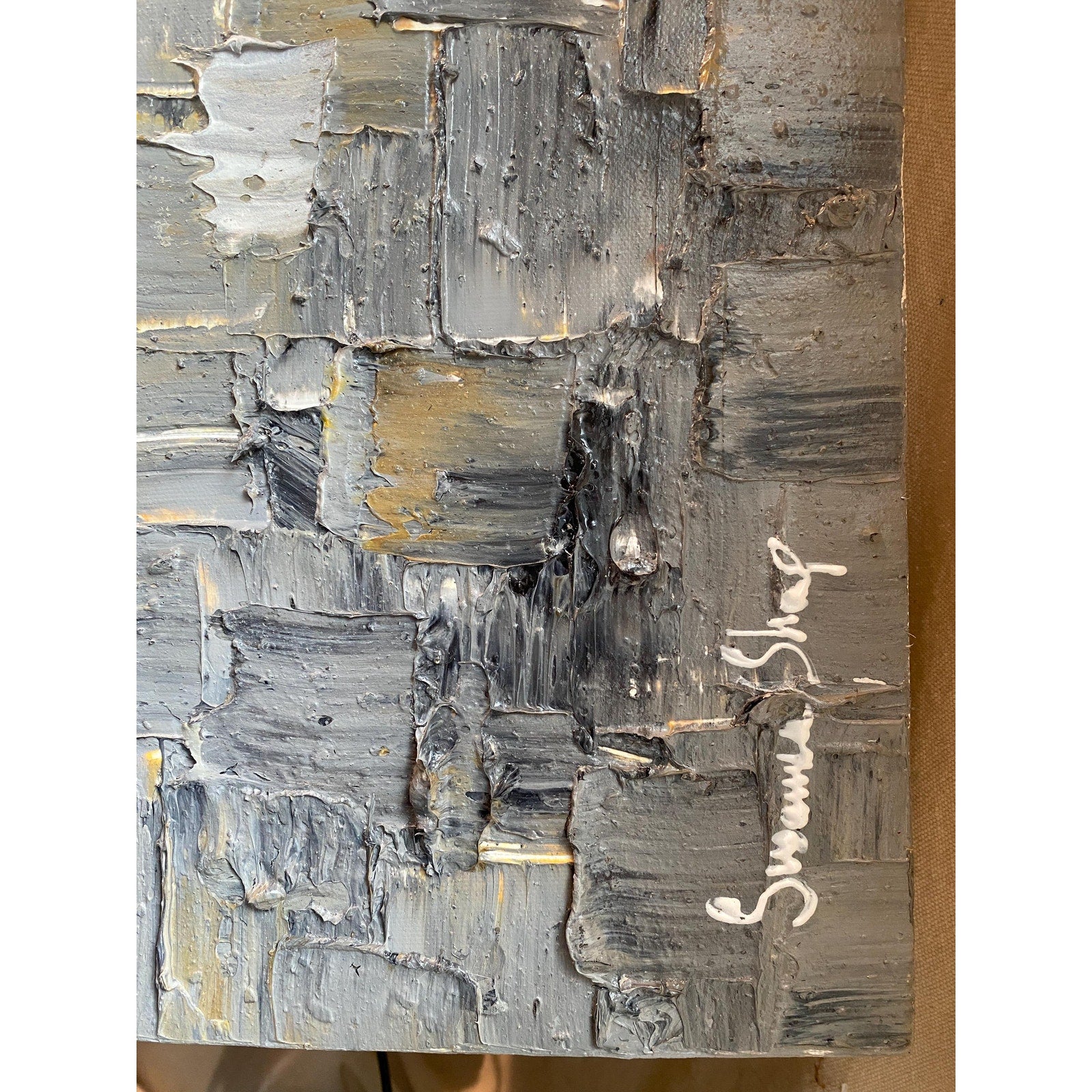 ORIGINAL Heavy Textured Large Abstract Minimalist painting Neutral Beige Gray Squares Geometric 60"x20" Palette knife Art- by Susanna Shap