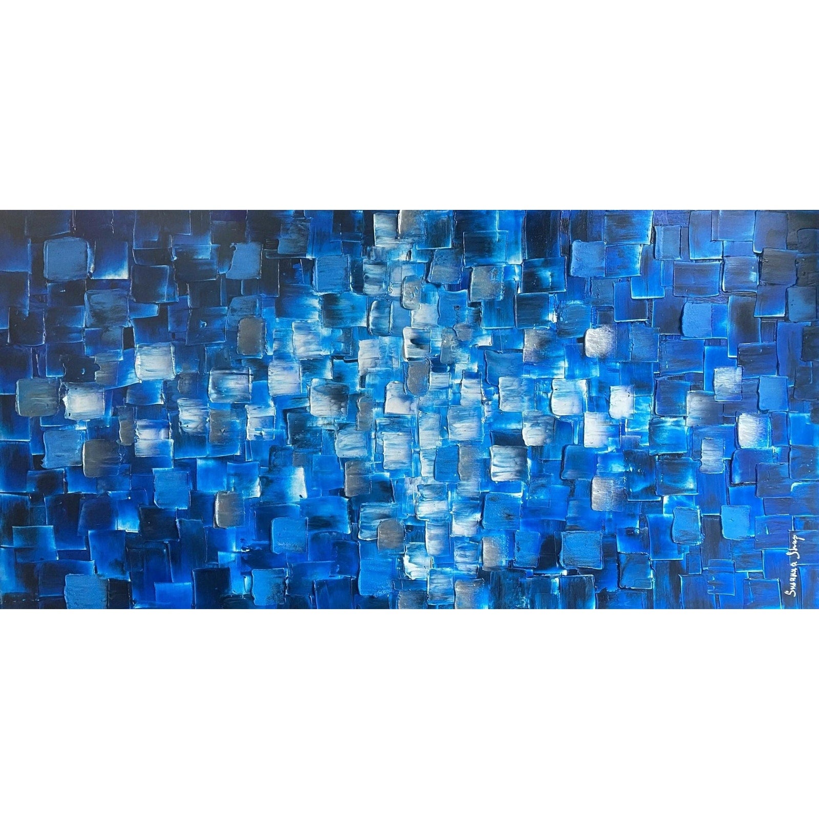 ORIGINAL Black Blue tonal large abstract painting Textured Squares Geometric Palette knife Art 48"x24" - by Susanna Shap