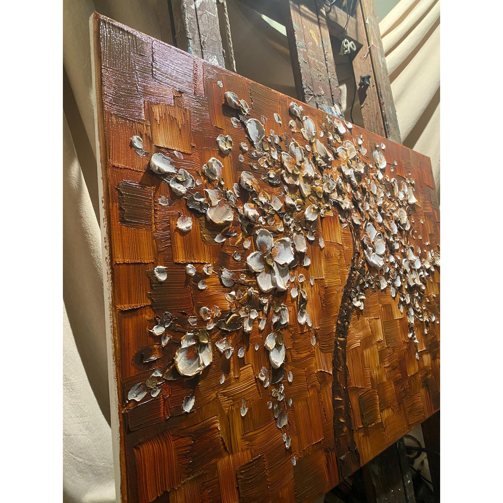 Original textured abstract tree painting, brown and white Cherry Blossom Impasto , Palette Knife impasto fine Art (36x24")