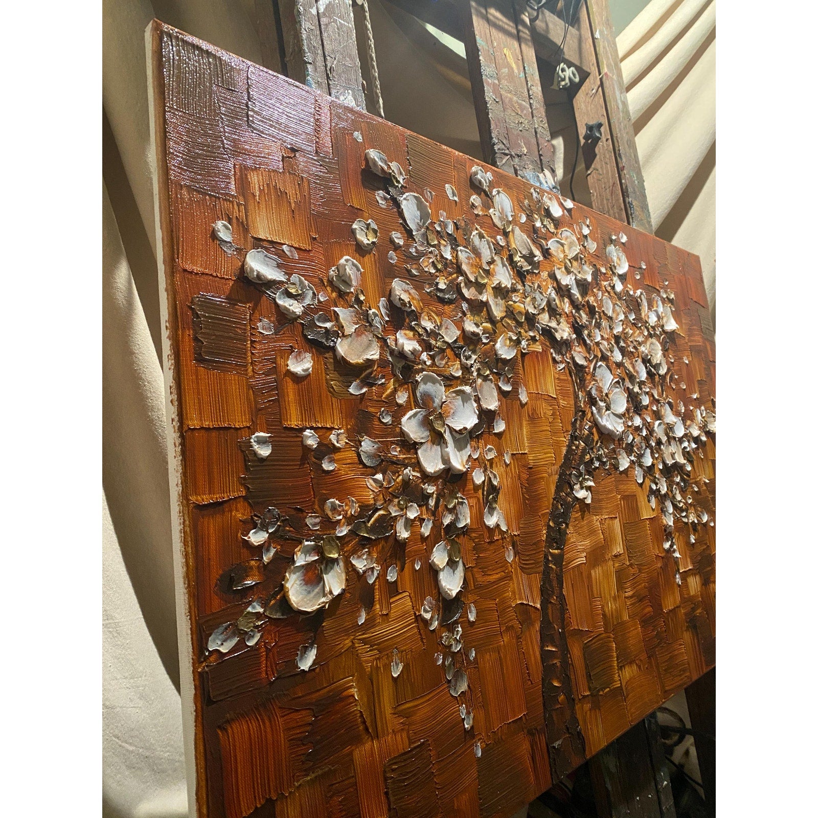 Original textured abstract tree painting, brown and white Cherry Blossom Impasto , Palette Knife impasto fine Art (36x24")