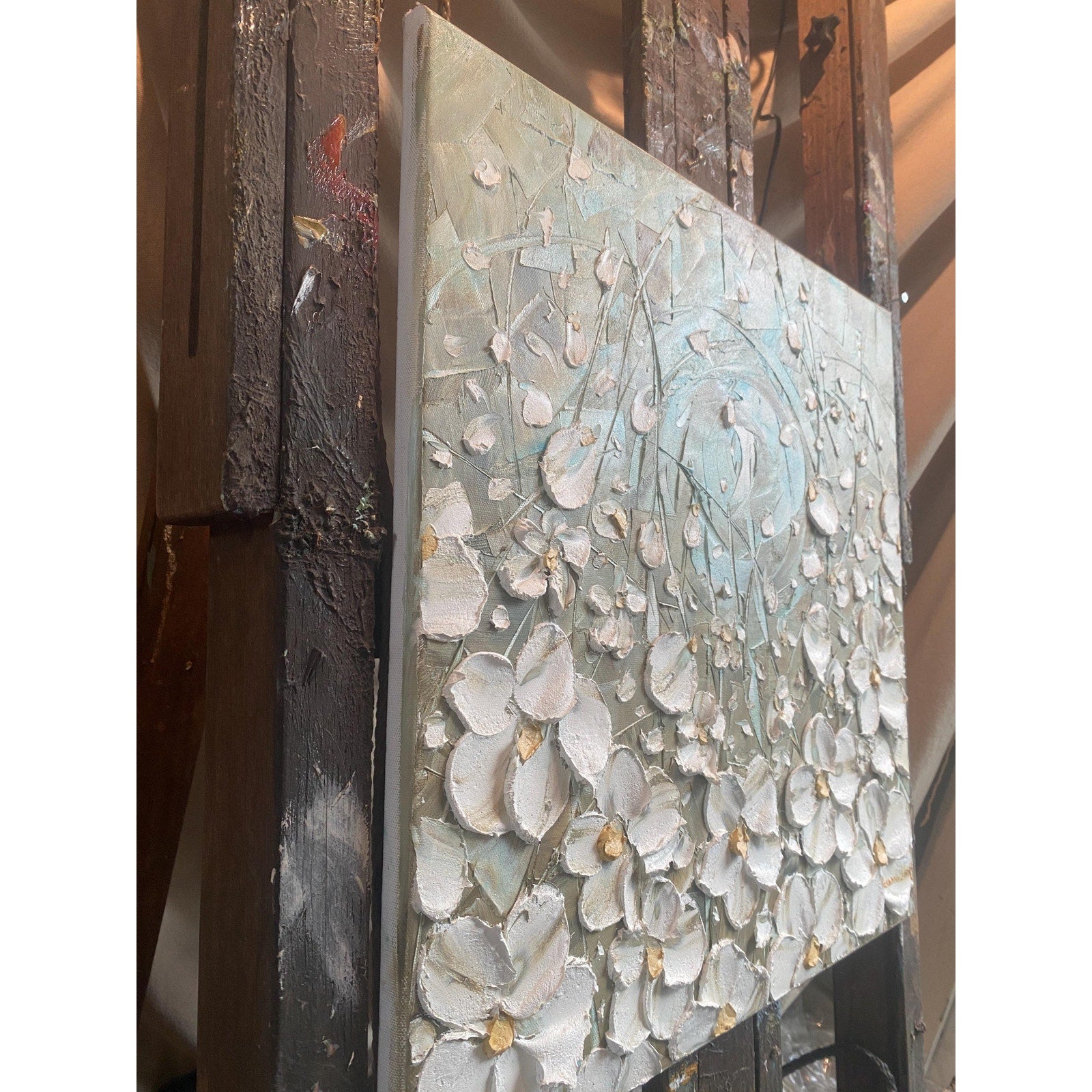 ORIGINAL abstract floral oil painting landscape on canvas white flowers impasto Textured Palette knife Wall Art 20x20" by Susanna Shap