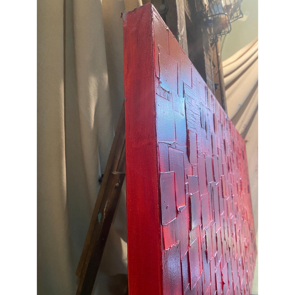ORIGINAL Large Red Abstract painting, Squares, Geometric Textured 48"x24" Palette knife Art- by Susanna Shap