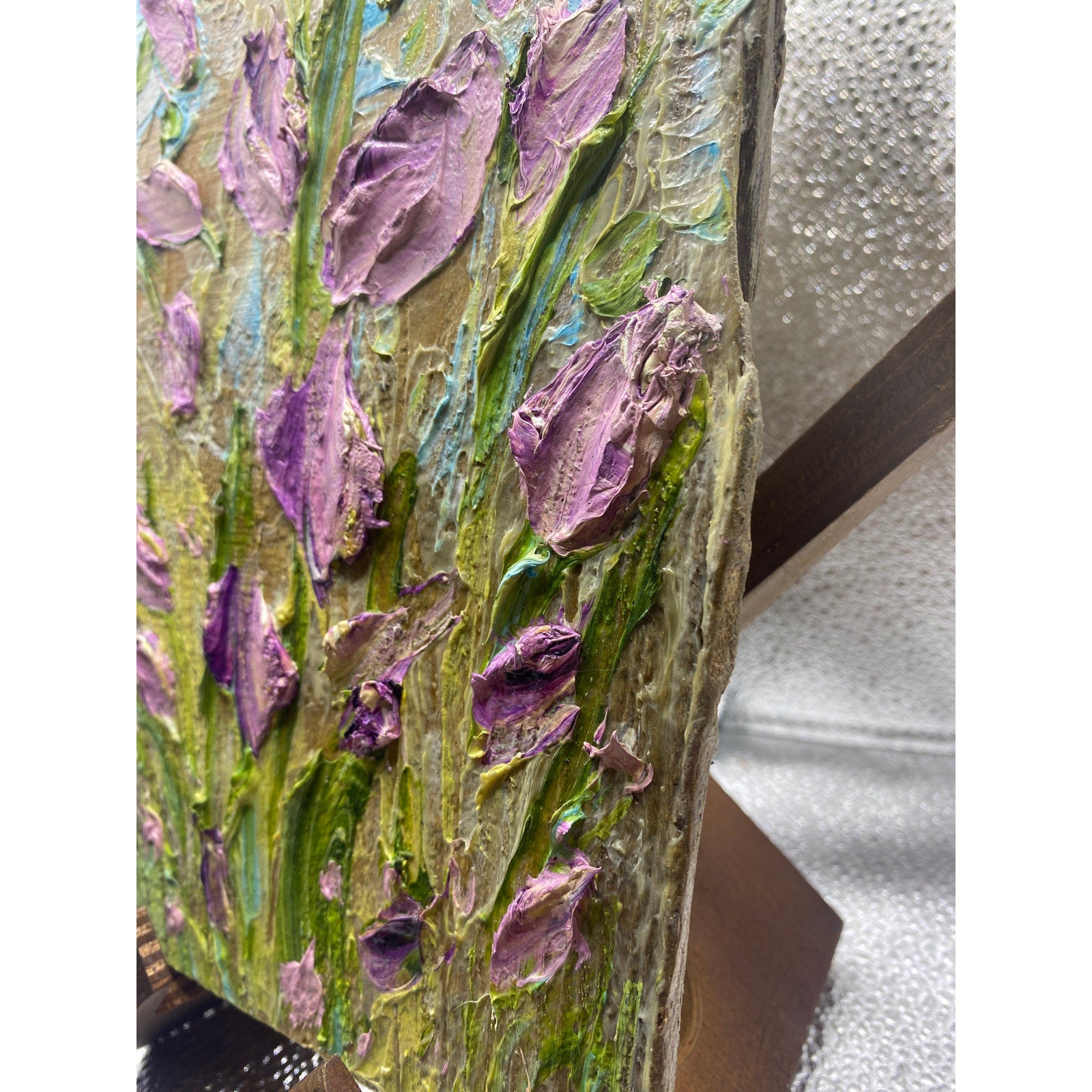 ORIGINAL Purple tulips Small Floral landscape oil painting, Textured Abstract Tactile Art on wood