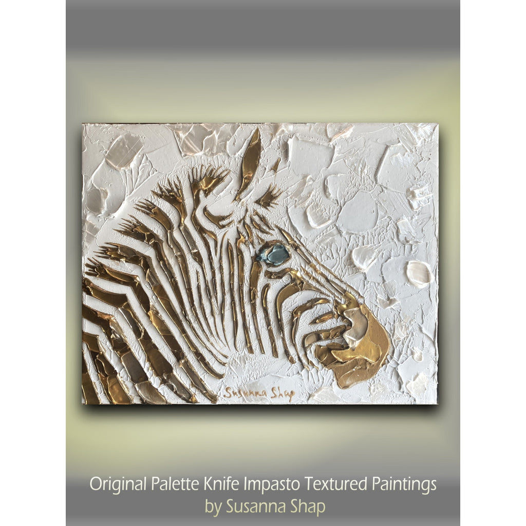 Zebra, ORIGINAL Animal Art Abstract White & Gold Textured painting, Handmade Canvas wall art