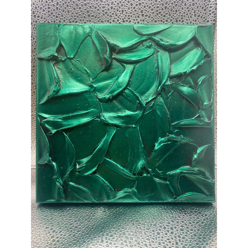 ORIGINAL Abstract Metallic Green Emerald Textured painting, Palette knife Impasto Small 8" x 8"