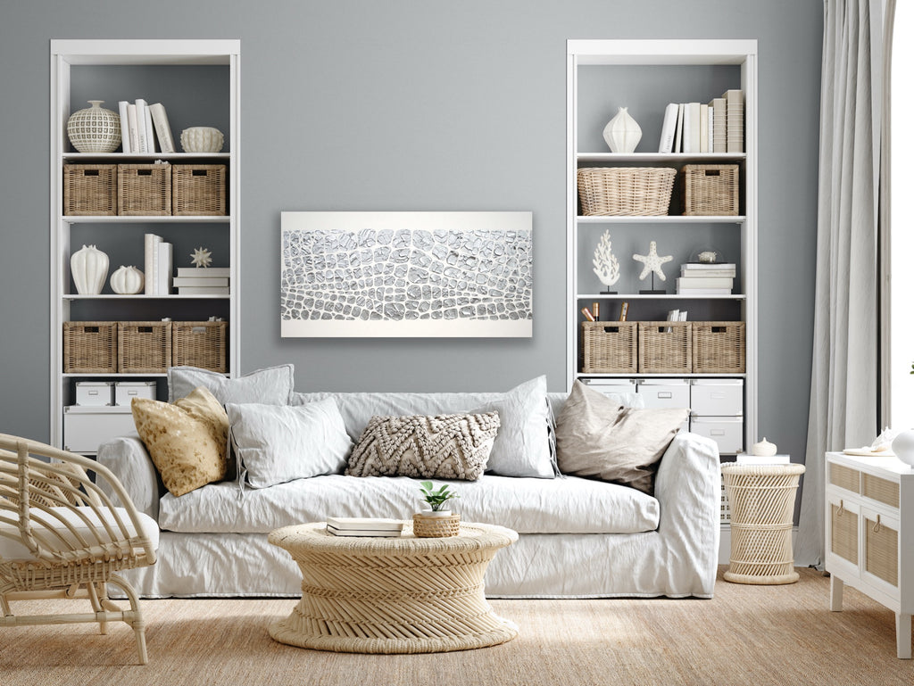 Original painting, metallic silver on white, Textured Large Abstract Art MADE2ORDER Mosaic Painting (48”x24”)