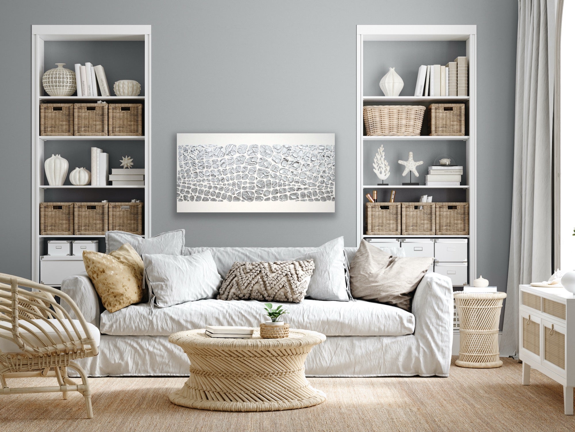 Original painting, metallic silver on white, Textured Large Abstract Art MADE2ORDER Mosaic Painting (48”x24”)