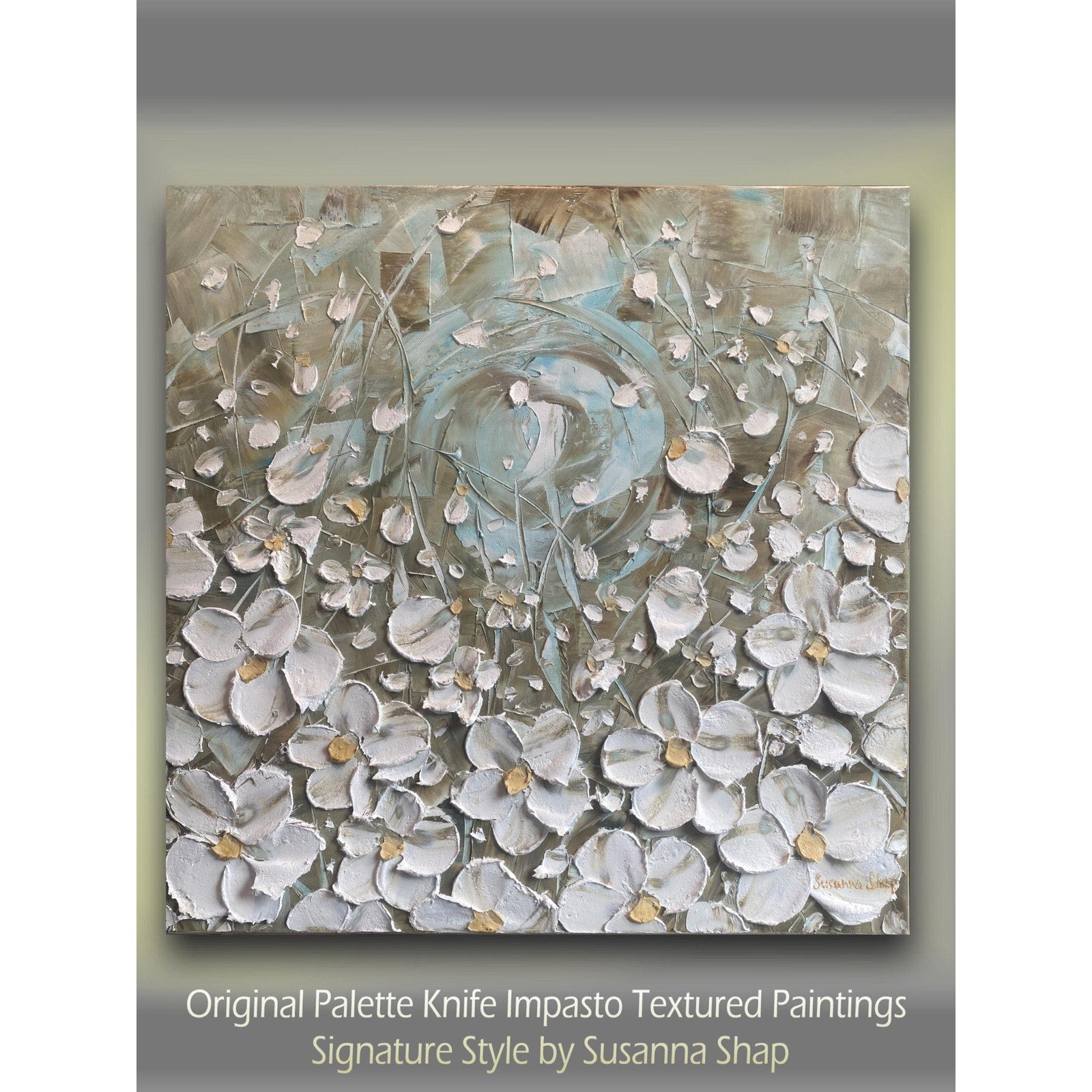 ORIGINAL abstract floral oil painting landscape on canvas white flowers impasto Textured Palette knife Wall Art 20x20" by Susanna Shap