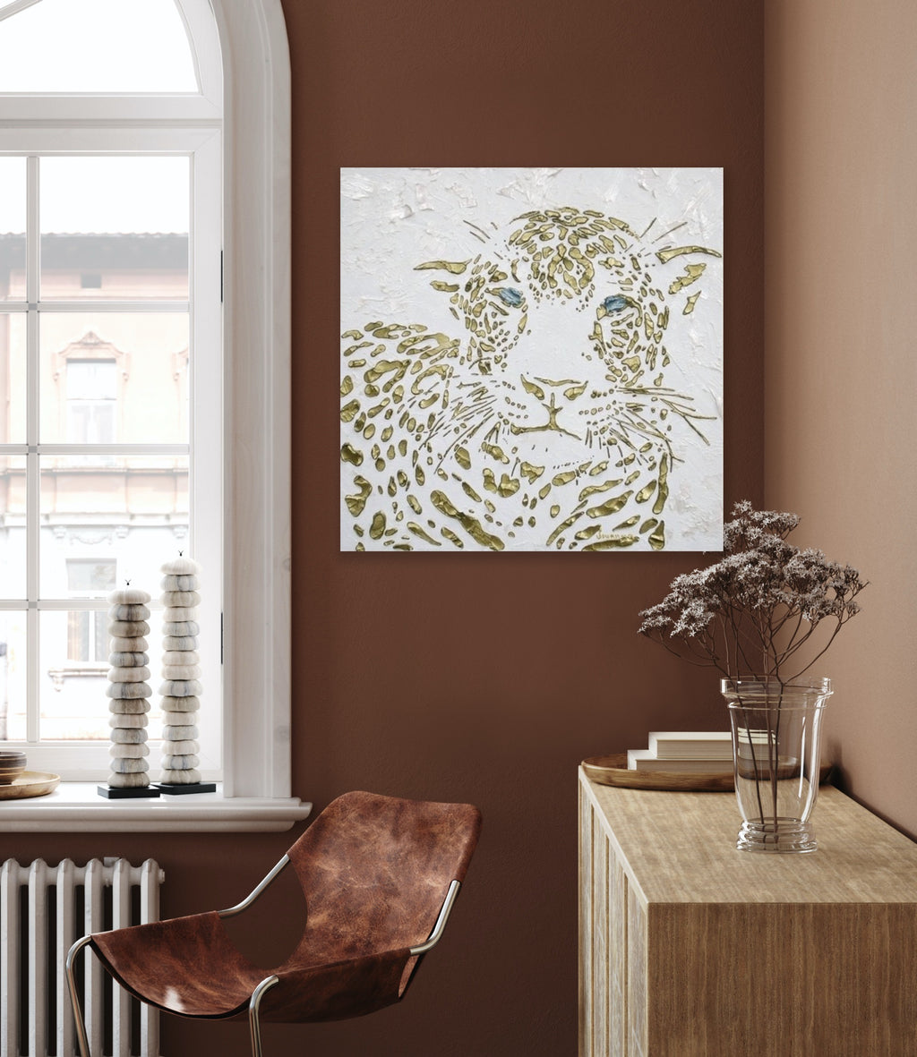 Original Leopard Painting MADE2ORDER Gold On White Textured Palette Knife Art