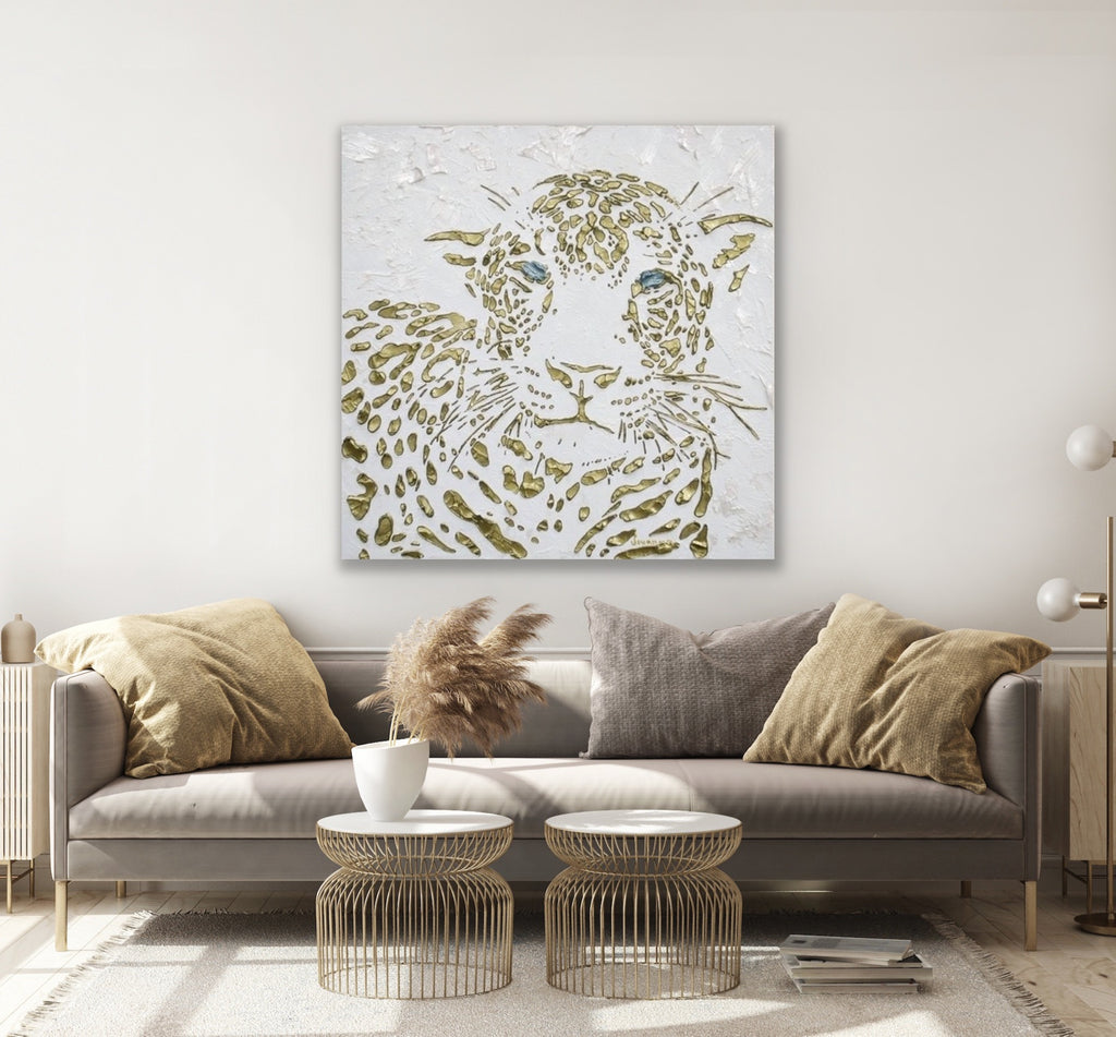 Original Leopard Painting MADE2ORDER Gold On White Textured Palette Knife Art
