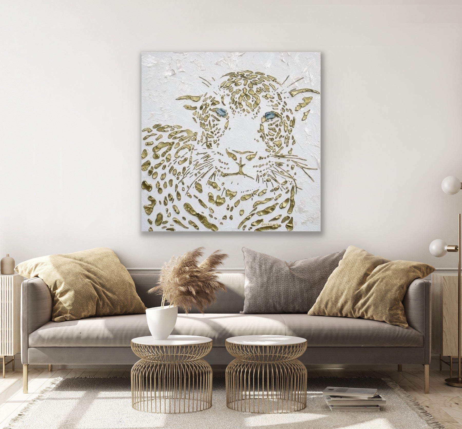 Original Leopard Painting MADE2ORDER Gold On White Textured Palette Knife Art
