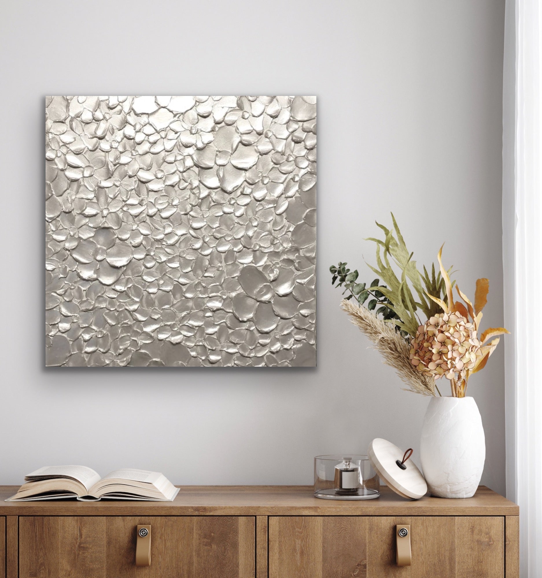 White pearl Blossoms Flowers Abstract Minimalist ORIGINAL Textured Painting palette knife Impasto, Abstract Wall Art -MADE2ORDER