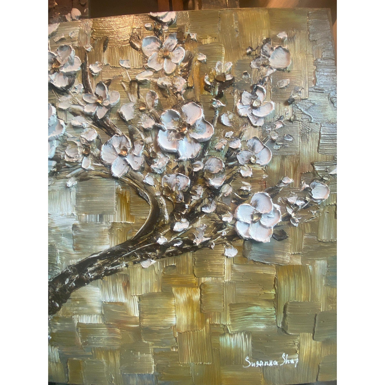 ORIGINAL TREE PAINTING abstract art textured white cherry blossom impasto palette knife textured impressionist art by susanna shap (36x24")