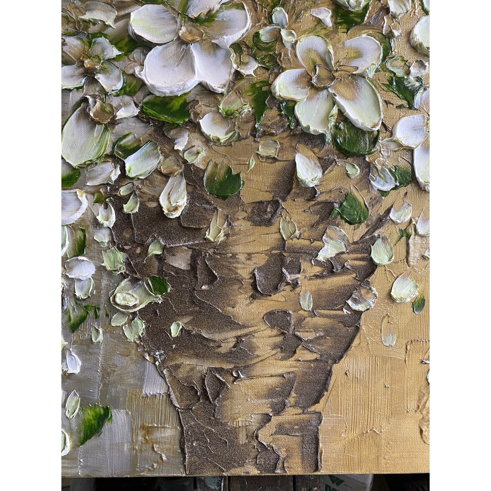 Original White Blossom Flowers Bouquet in vase floral still life Textured Impasto Painting, Palette Knife Fine Art (24"x36")