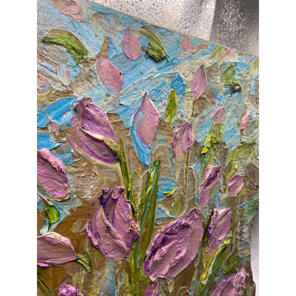 ORIGINAL Purple tulips Small Floral landscape oil painting, Textured Abstract Tactile Art on wood
