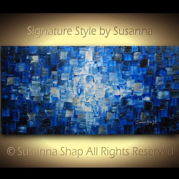 Original Blue Black and silver Modern Art Abstract painting, Geometric Squares Impasto Textured palette knife art by susanna shap (MADE2ORDER)