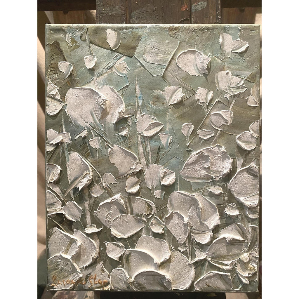 ORIGINAL small oil painting floral white poppies flowers landscape oil on canvas Textured Palette knife art 8x10” - Susanna Shap