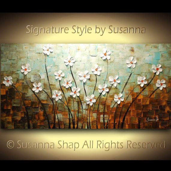Original Painting White Flower Blossoms no.2 Modern Abstract Landscape, Earth tones Grey Beige Impasto Textured palette knife art by susanna shap (MADE2ORDER)