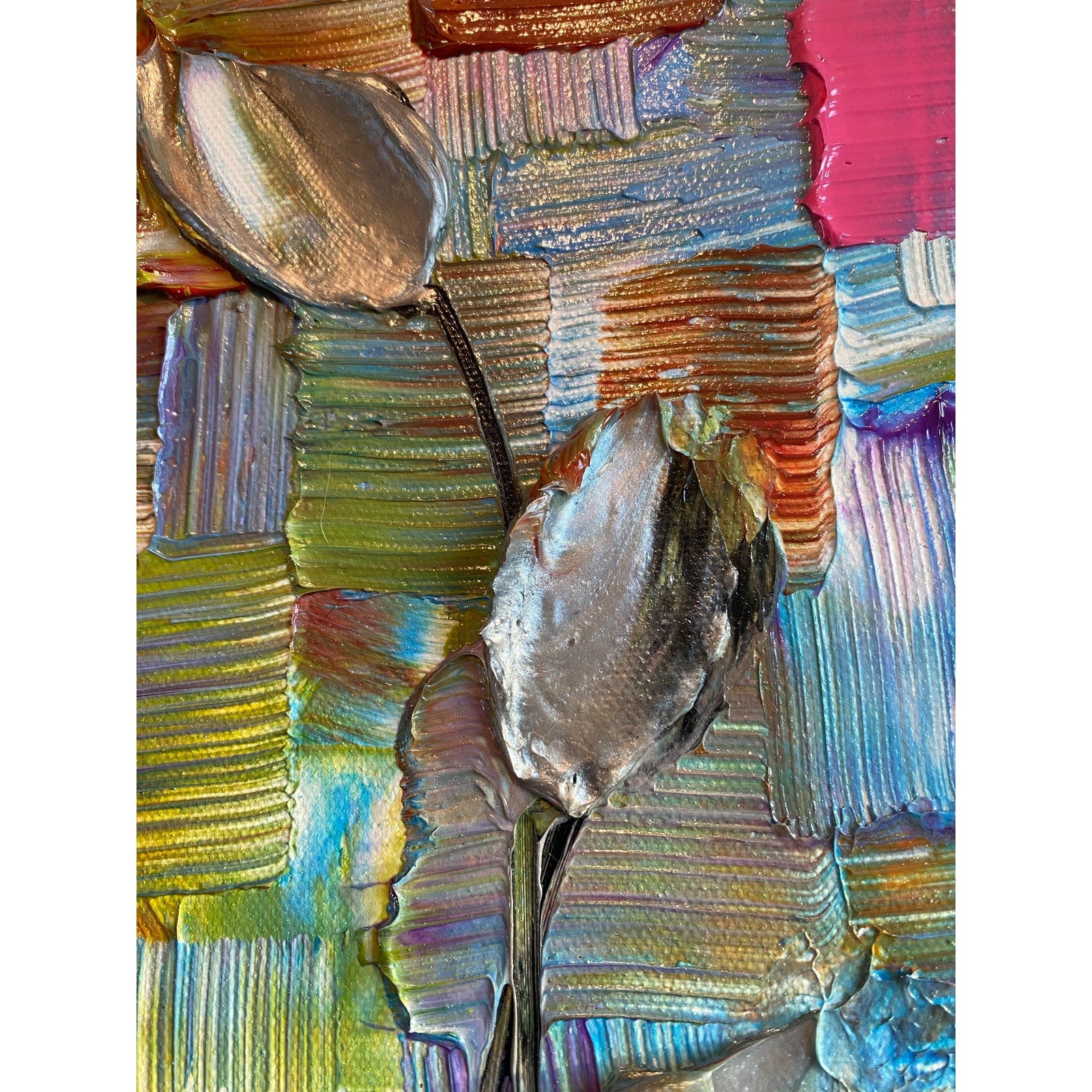 Original Silver Tulips Impasto Painting, Palette Knife Textured Art (20"x20")