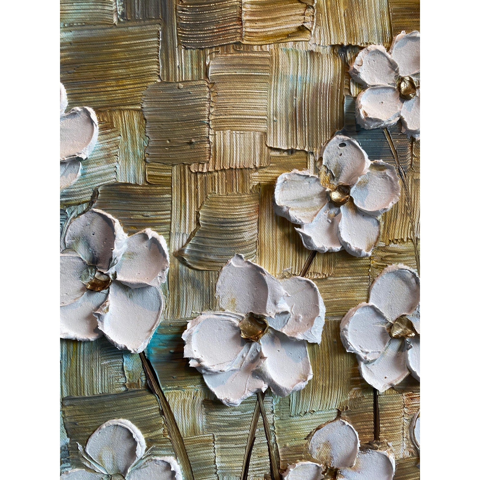 Original Abstract White Textured Flowers Impasto Painting: Palette Knife Fine Art (20"x20")