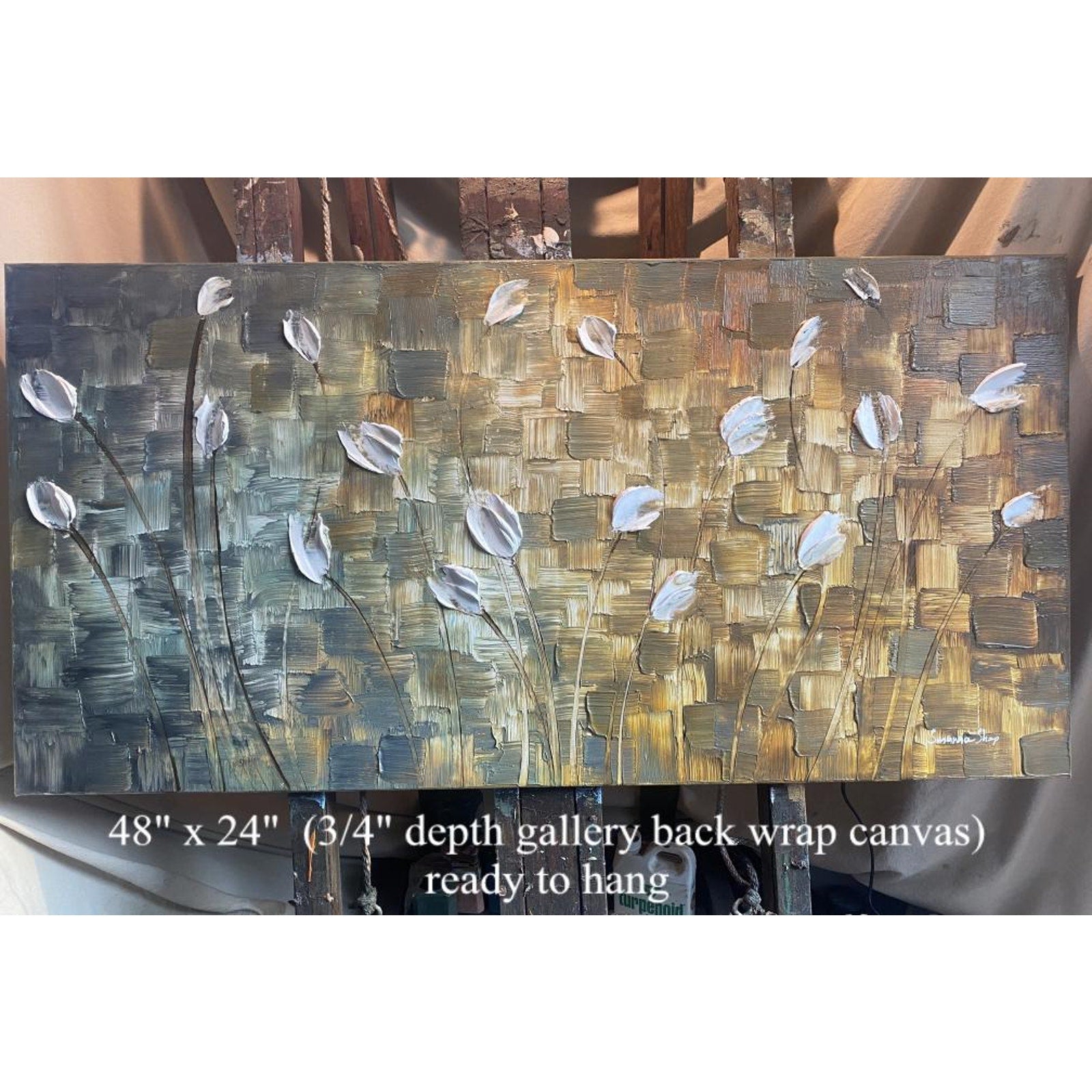 Large ORIGINAL white tulips painting, Abstract Landscape, Textured Palette knife Impasto Fine art by susanna shap (48"x24")