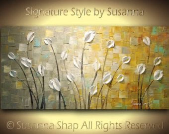 Original Painting White Tulips Abstract Landscape, Earth tones Grey Beige Impasto Textured palette knife art by susanna shap (MADE2ORDER)
