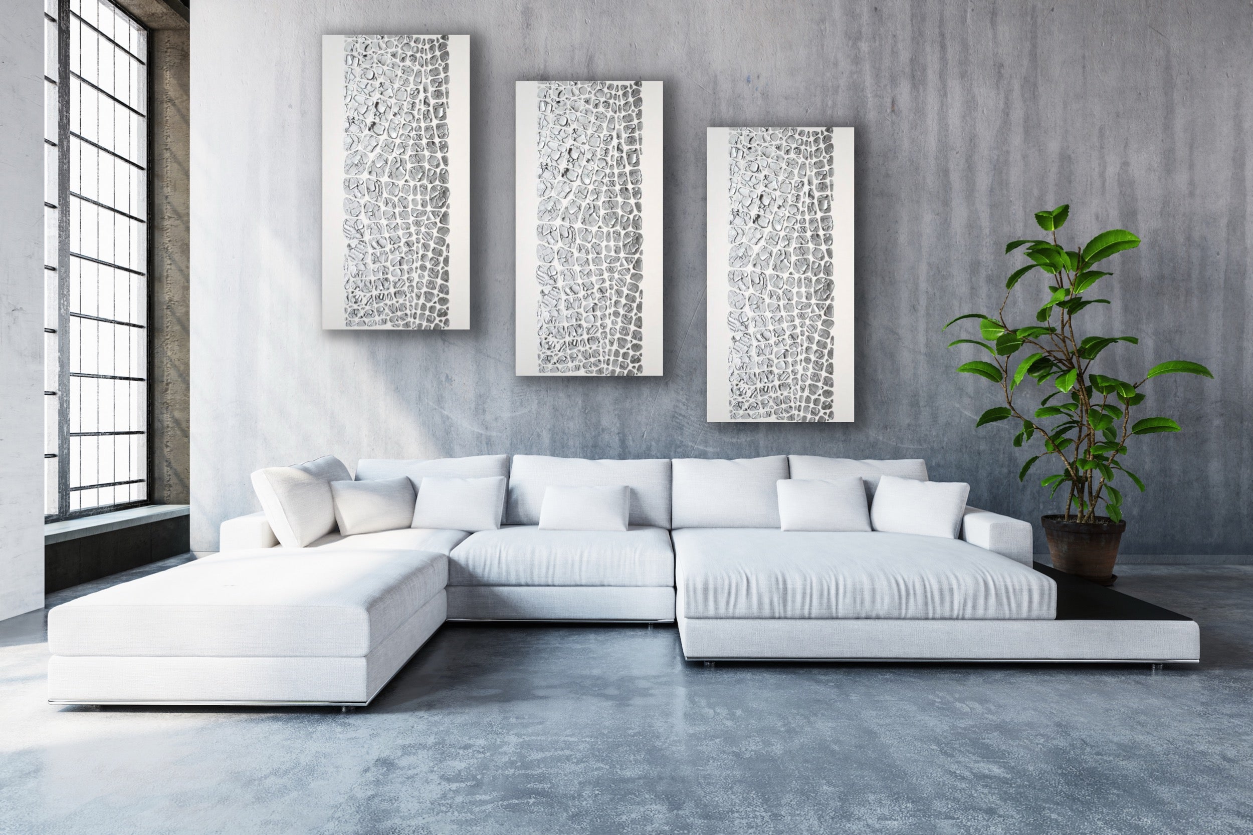 Original painting, metallic silver on white, Textured Large Abstract Art MADE2ORDER Mosaic Painting (48”x24”)