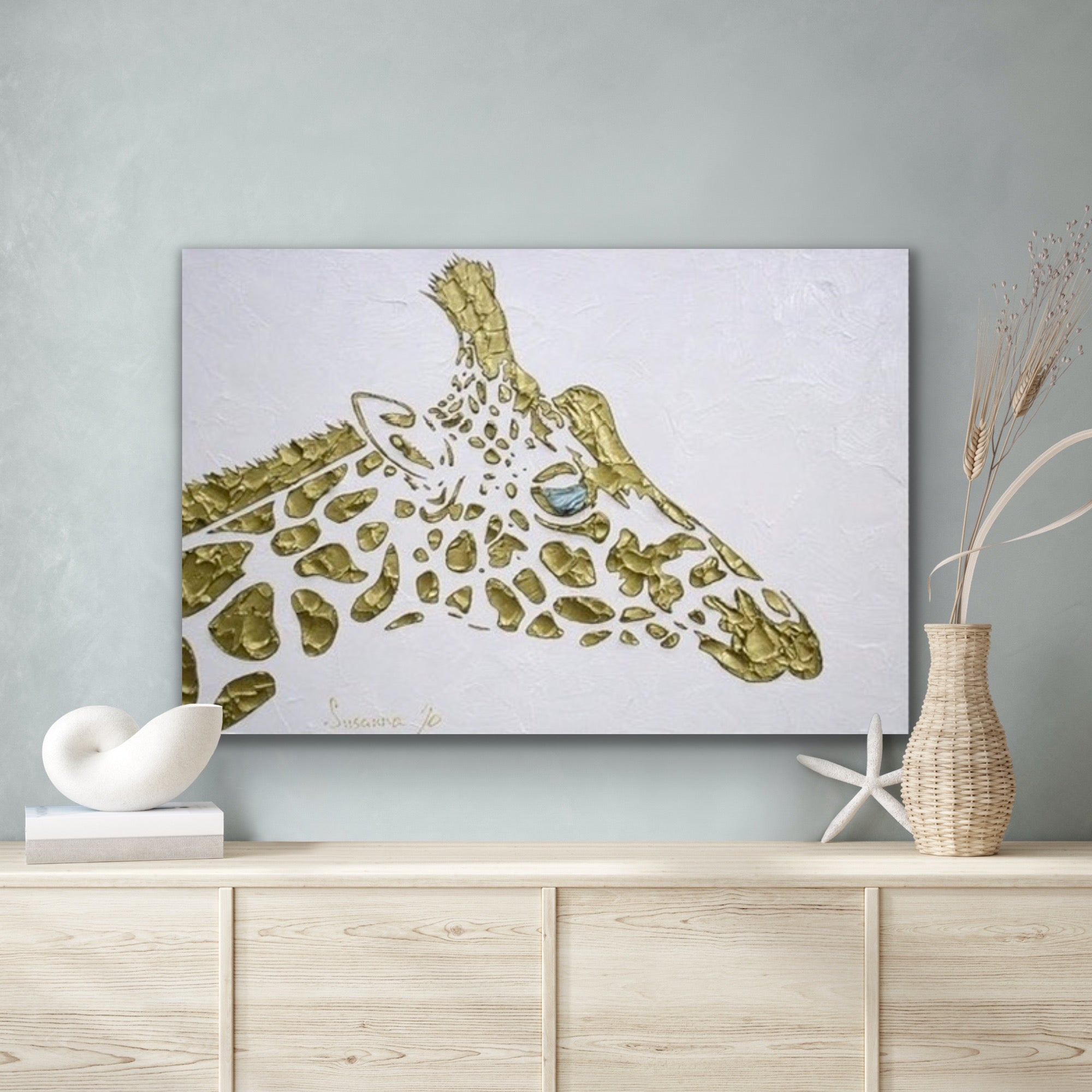 Abstract Original Giraffe Painting, Gold On White, palette knife impasto, 24”x36” MADE2ORDER