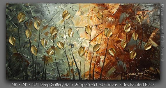 Original Gold Tulips Abstract Landscape No.2 Earth tones Grey Brown Impasto Textured painting palette knife art by susanna shap (MADE2ORDER)