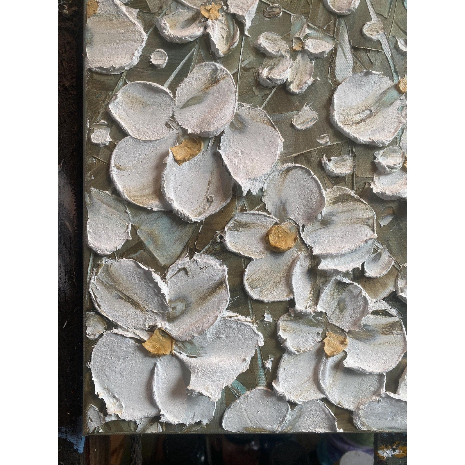 ORIGINAL abstract floral oil painting landscape on canvas white flowers impasto Textured Palette knife Wall Art 20x20" by Susanna Shap