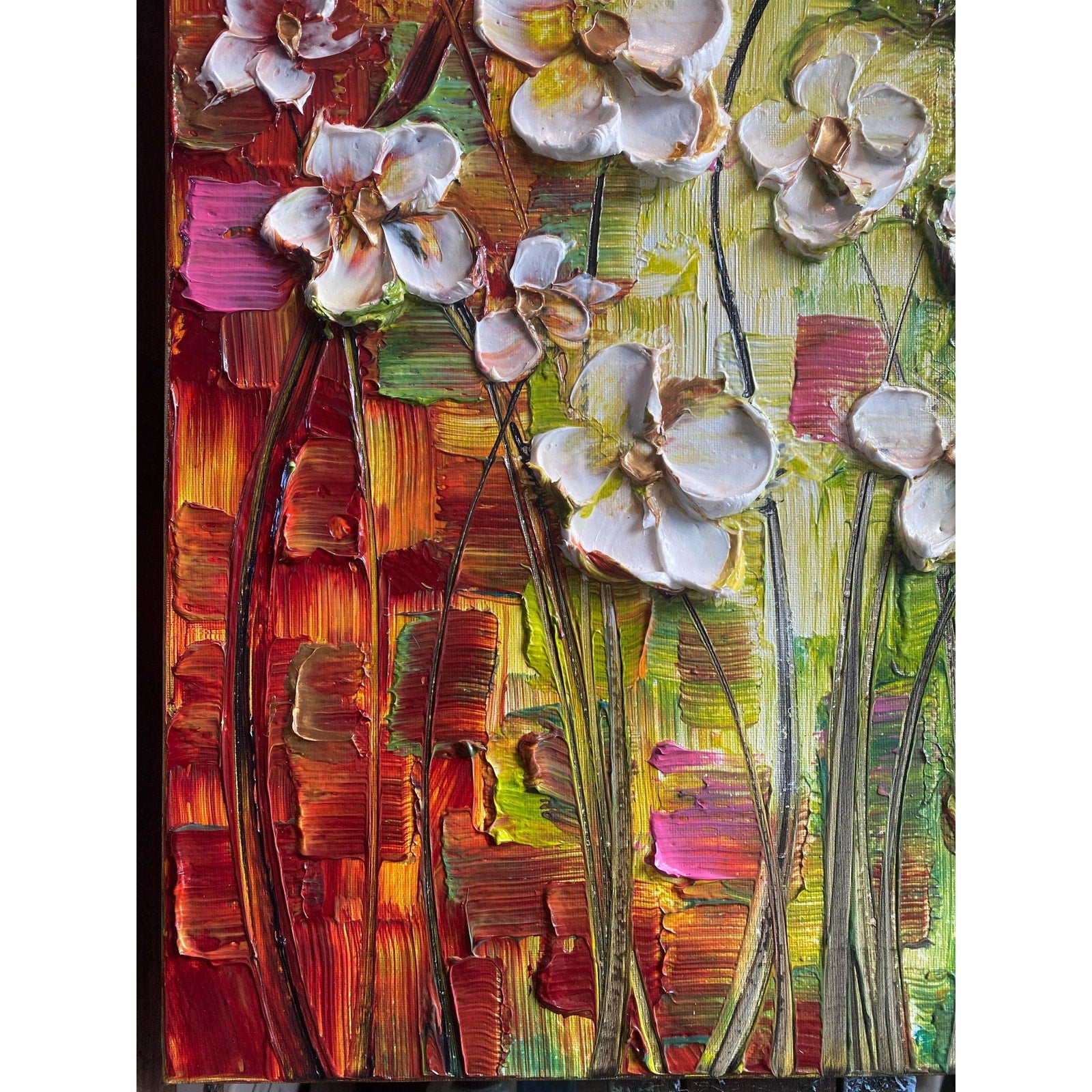 Original Abstract textured white flowers art, multicolored Palette Knife Impasto Painting: 18"x24" by Susanna Shap