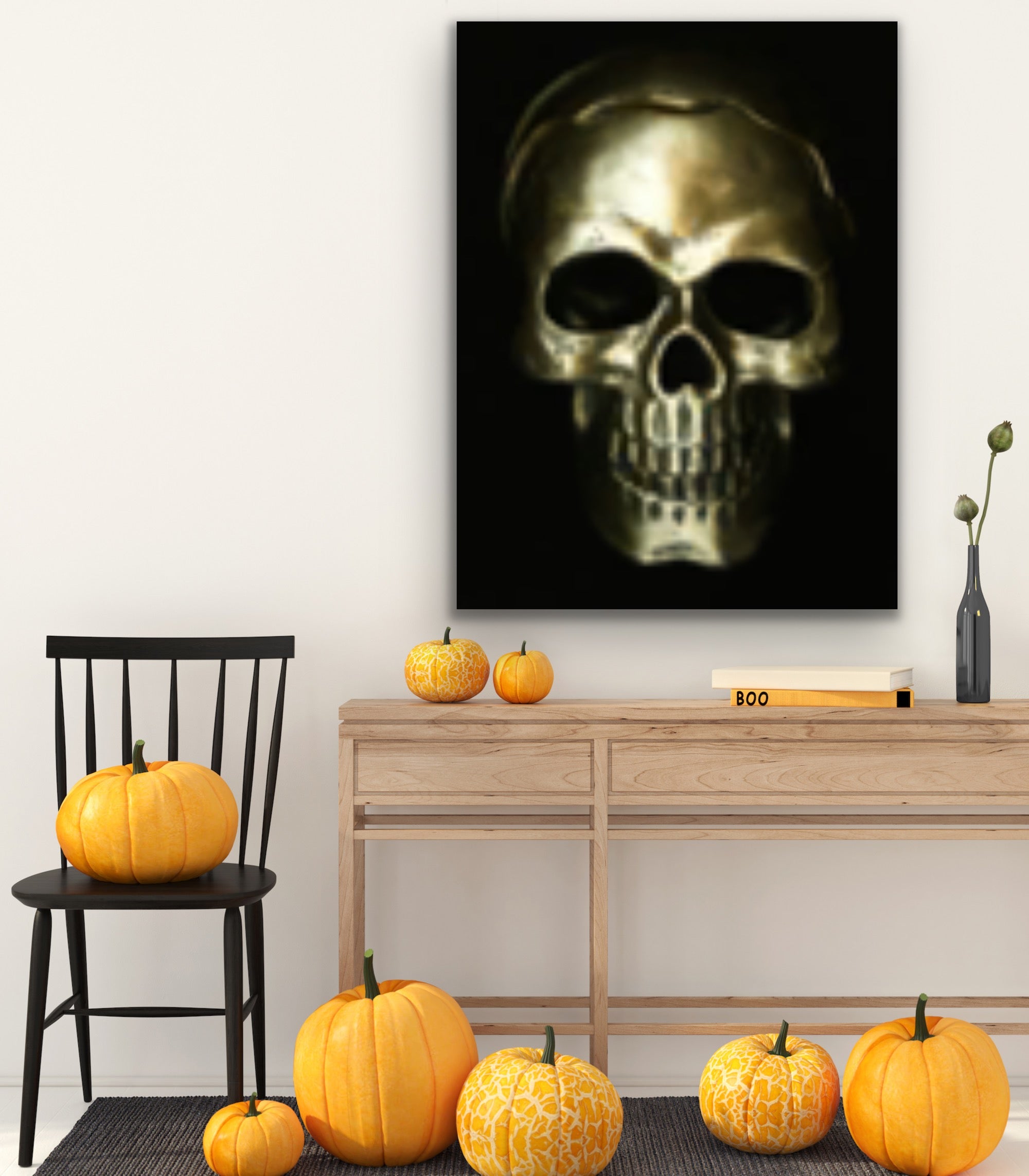 Gold skull on black goth Original Photography Halloween Wall art decor, Stretched Canvas, Fine Art Giclee PRINT, Small-X large, Susanna Shap