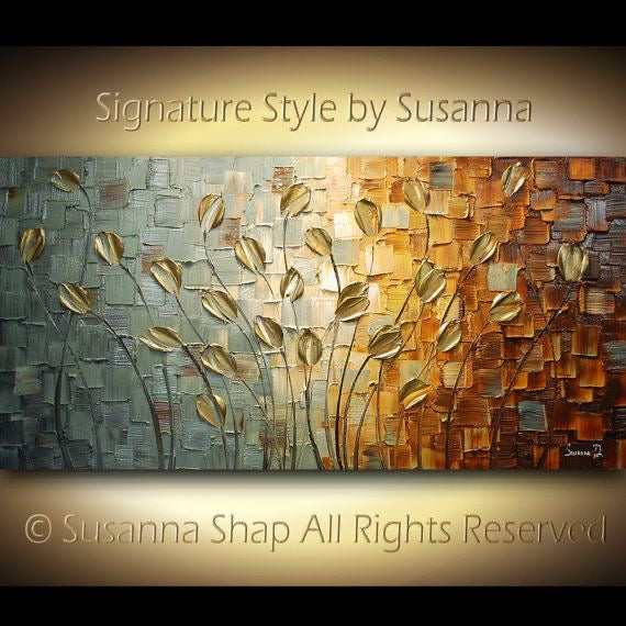 Original Gold Tulips Abstract Landscape No.1 Earth tones Grey Brown Impasto Textured painting palette knife art by susanna shap (MADE2ORDER)