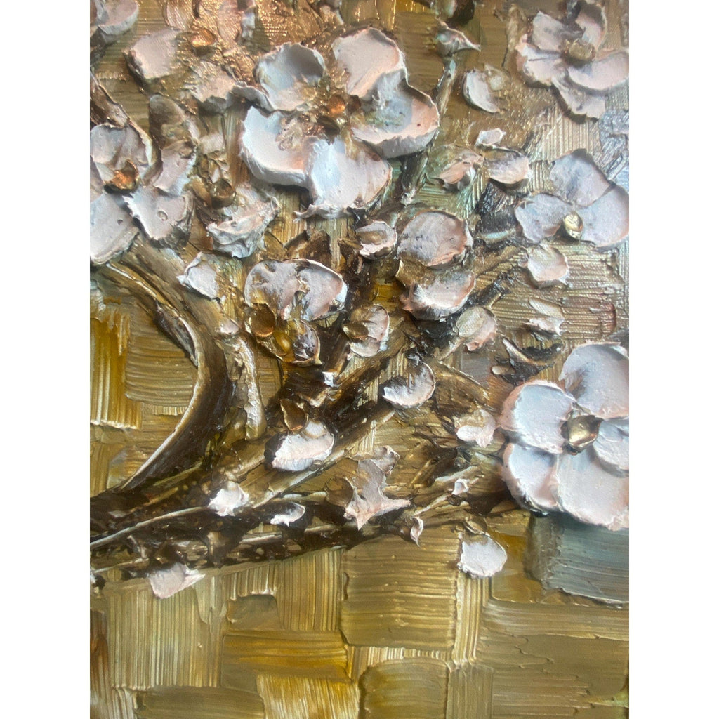 Original Impasto Texture Earth Tones Abstract tree painting White cherry blossom, Grey, Brown & Beige palette knife art by susanna shap (MADE2ORDER)