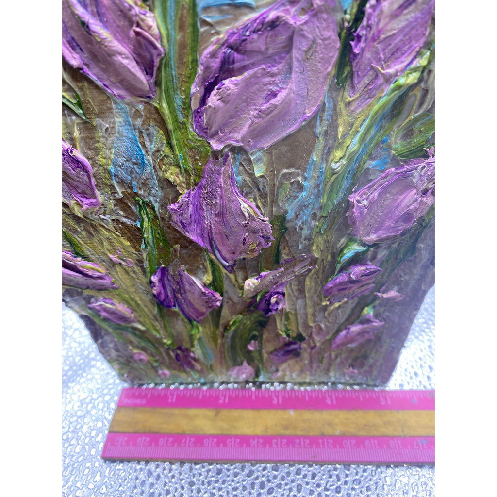 ORIGINAL Purple tulips Small Floral landscape oil painting, Textured Abstract Tactile Art on wood