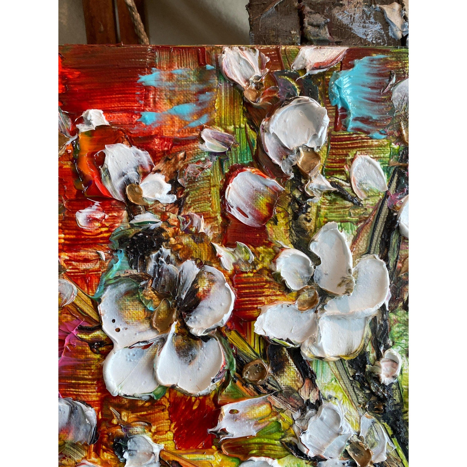 Original Palette Knife Cherry Blossom Painting, Textured Impasto Art (18"x24")