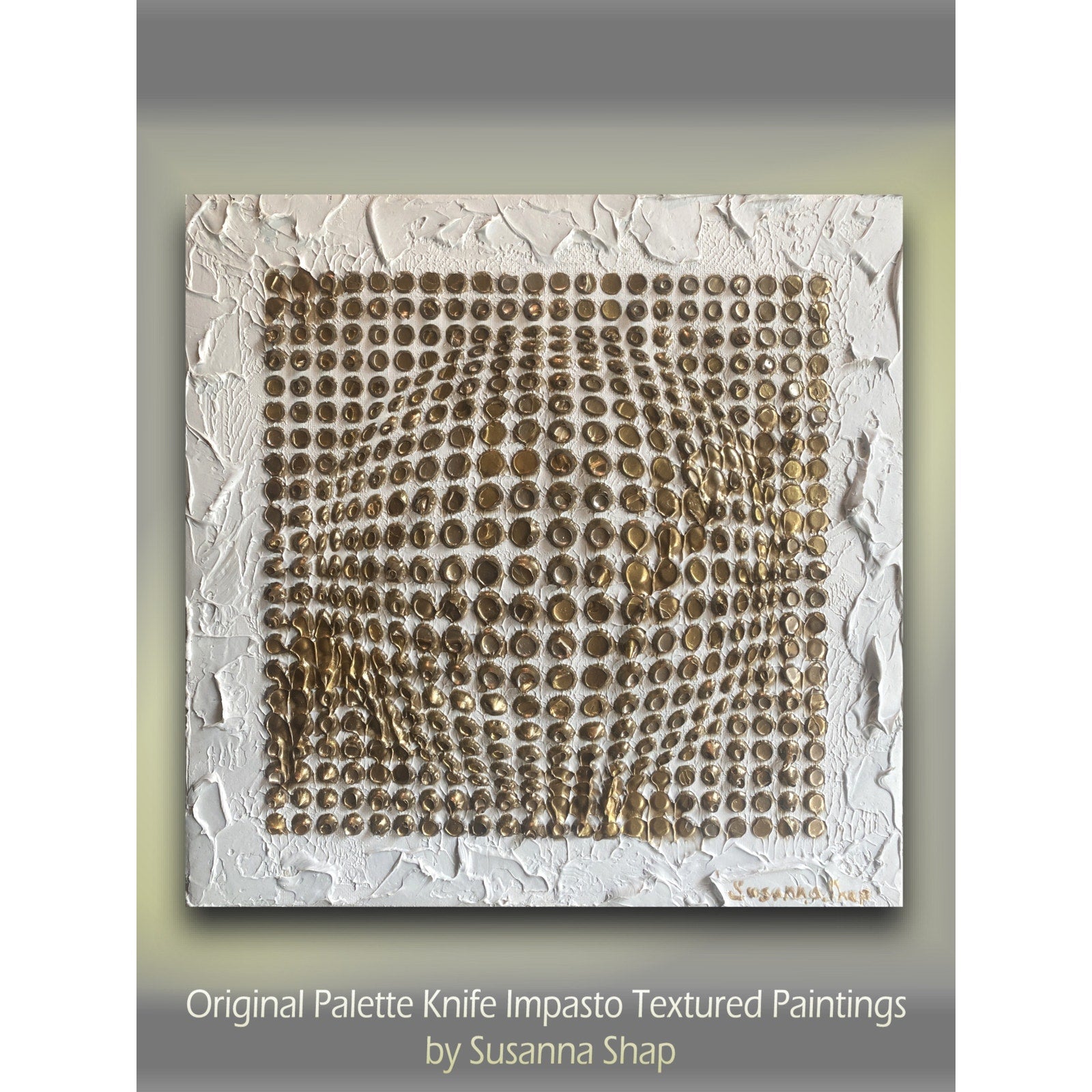 Abstract ORIGINAL Art White & Gold Textured painting, Handmade wall art, 12"x12"