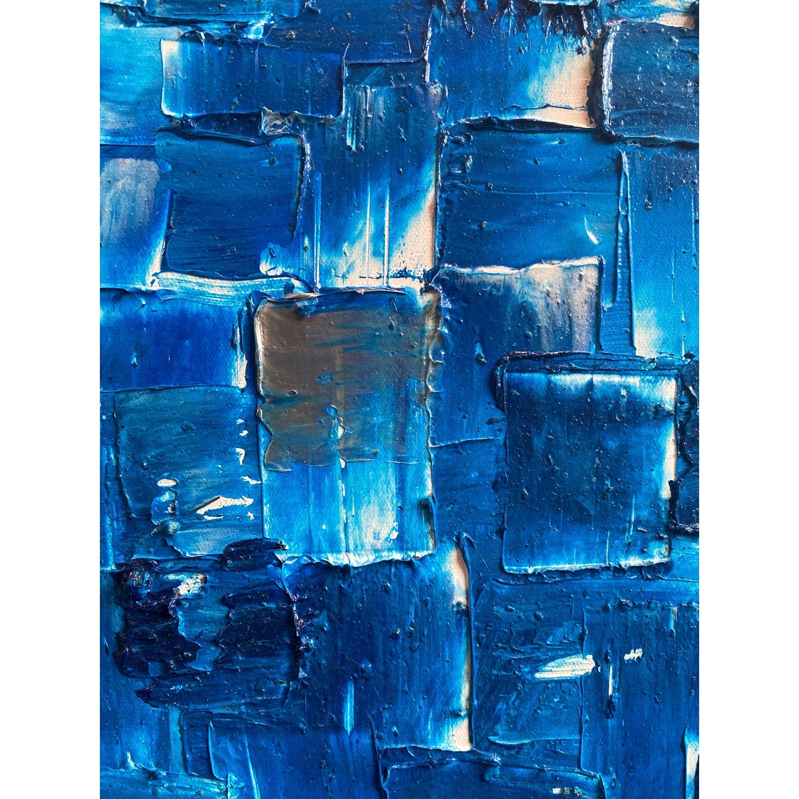 ORIGINAL Blue Large Abstract painting Minimalist Squares Geometric Heavy Textured 36"x36" Palette knife Art- by Susanna Shap