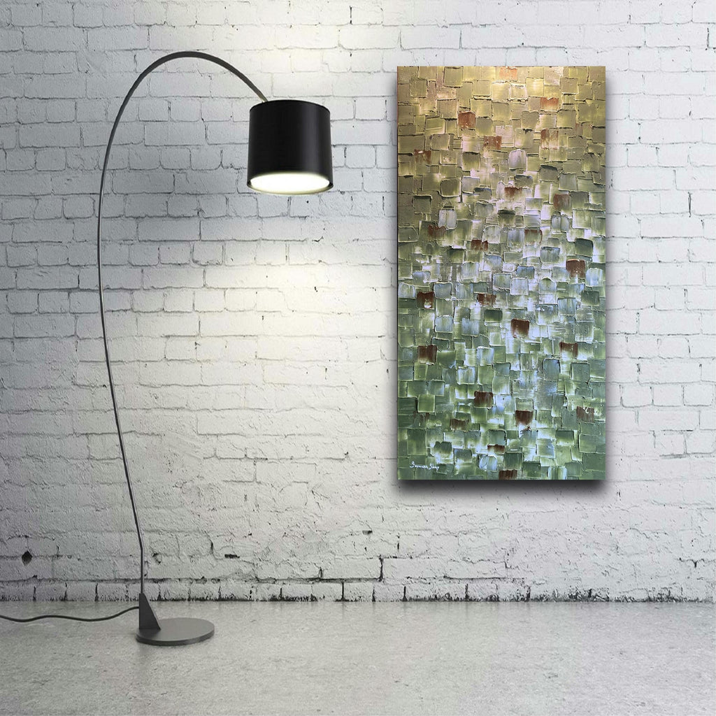 ORIGINAL Olive Green Large Abstract painting, Squares, Geometric Heavy Textured 48"x24" Palette knife Art- by Susanna Shap
