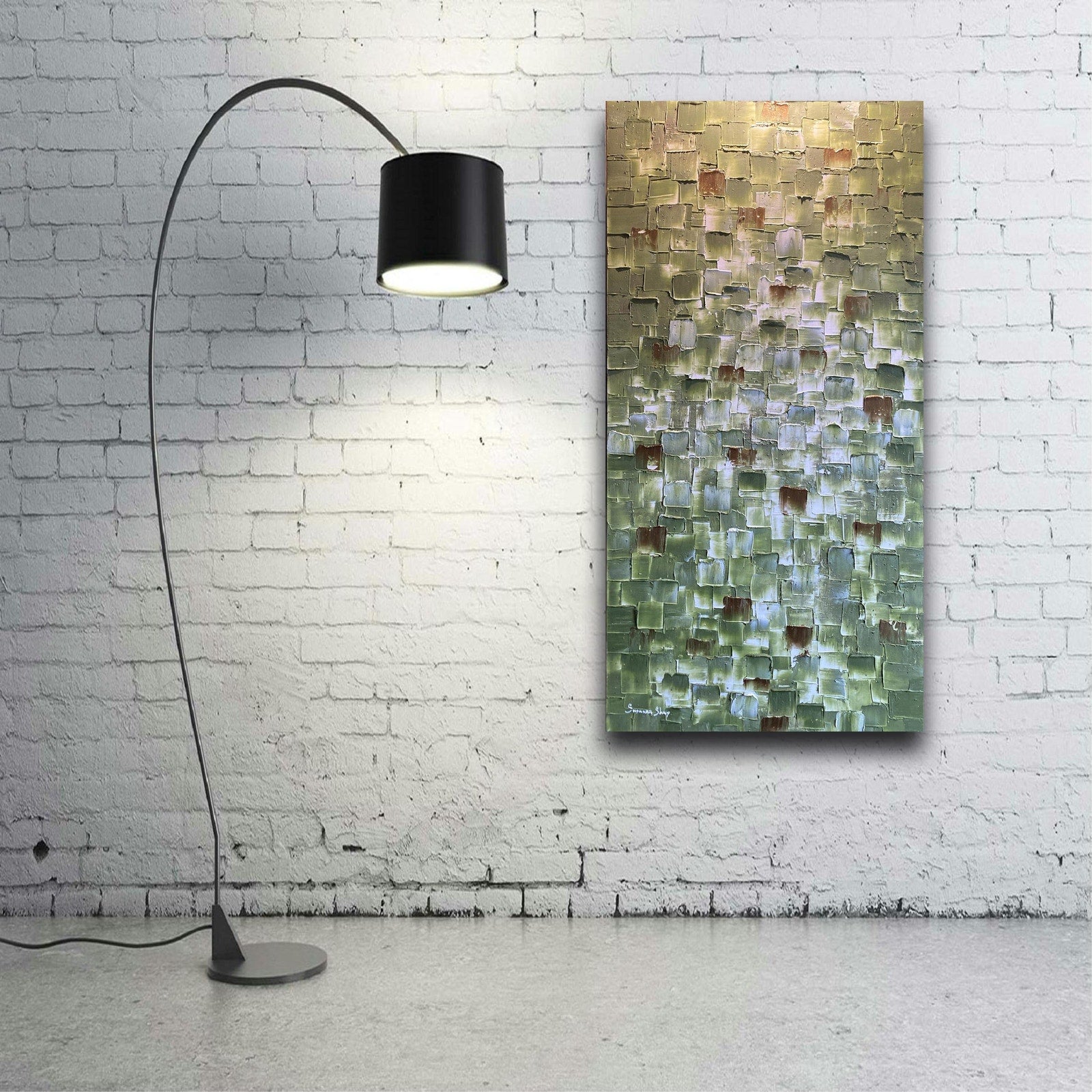 ORIGINAL Olive Green Large Abstract painting, Squares, Geometric Heavy Textured 48"x24" Palette knife Art- by Susanna Shap