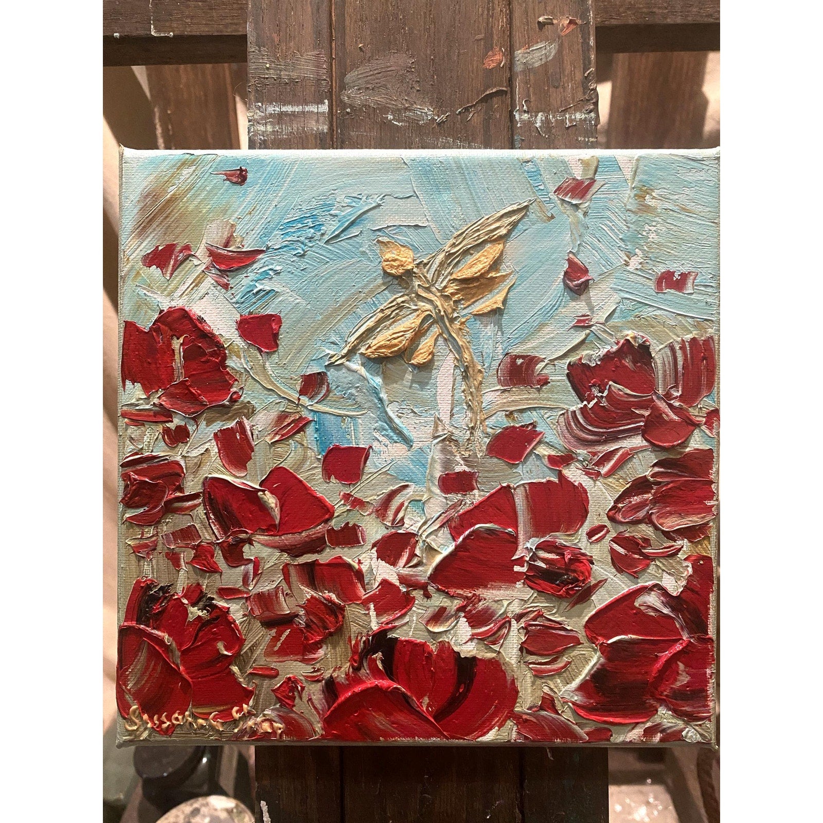 ORIGINAL small oil painting of dragonfly and red poppy flowers landscape on canvas Textured Palette knife art 8x8” by Susanna Shap