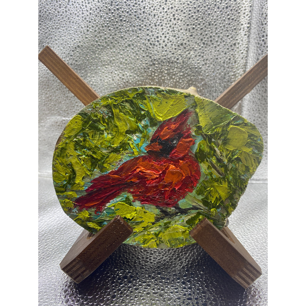 ORIGINAL Red Cardinal Bird Small oil painting, impasto on wood- by Susanna Shap